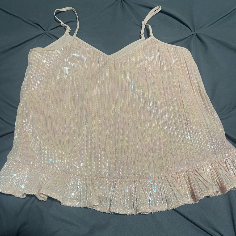 Anthropologie Amelie Iridescent Pink Sequin Ruffle Cami Top worn once